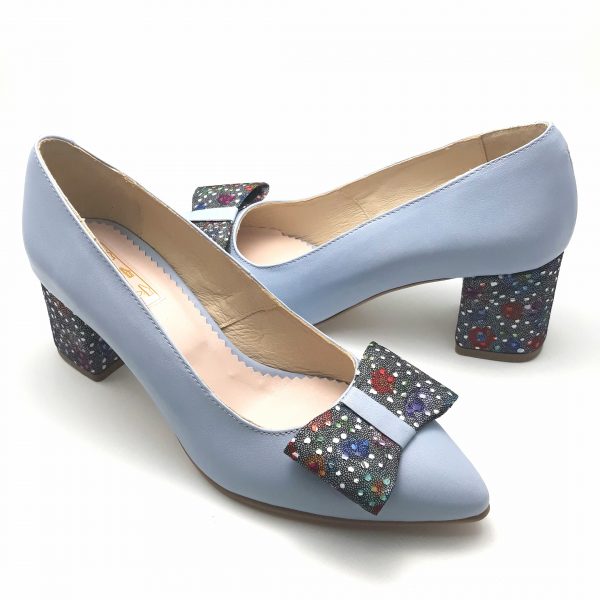Pantofi dama din piele naturala bleu cu fundita - imagine 2