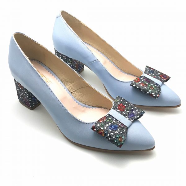 Pantofi dama din piele naturala bleu cu fundita - imagine 3
