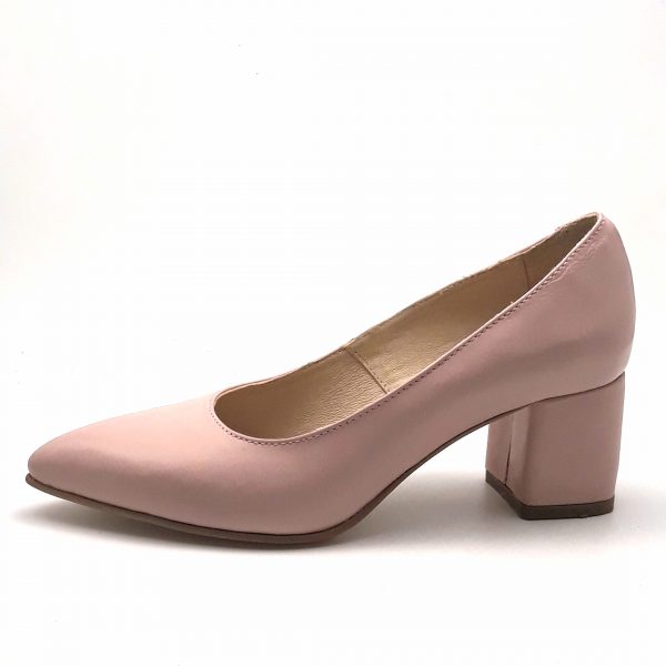 Pantofi cu toc gros din piele naturala roz pal - imagine 3
