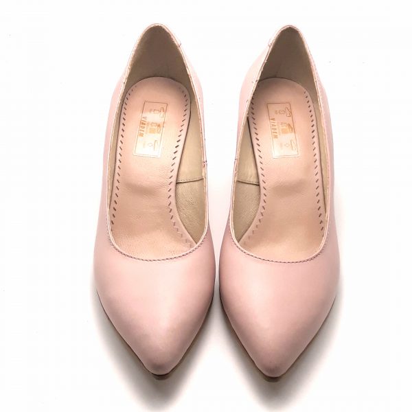 Pantofi cu toc gros din piele naturala roz pal - imagine 2