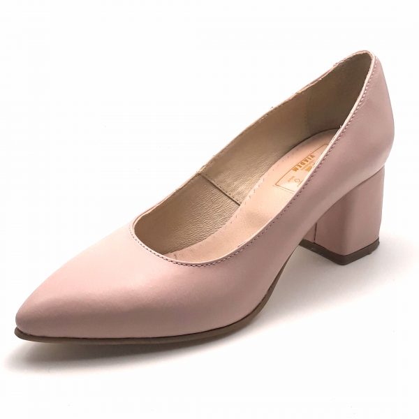 Pantofi cu toc gros din piele naturala roz pal
