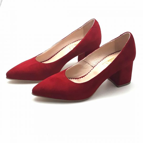 Pantofi cu toc gros din piele intoarsa rosie - imagine 2