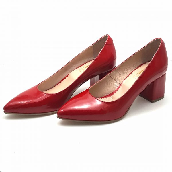 Pantofi cu toc gros din piele naturala lacuita rosie - imagine 2