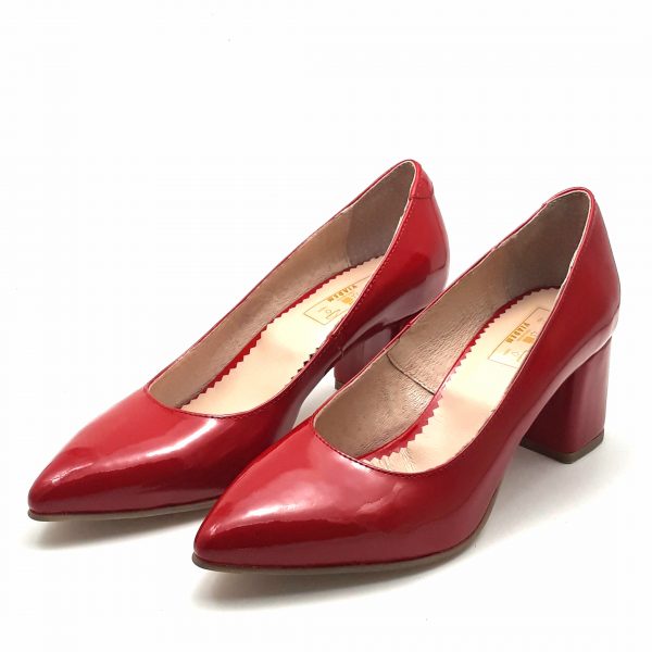 Pantofi cu toc gros din piele naturala lacuita rosie - imagine 4