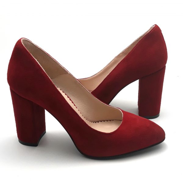 Pantofi cu toc gros din piele naturala intoarsa rosie - imagine 3