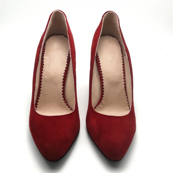Pantofi cu toc gros din piele naturala intoarsa rosie - imagine 4