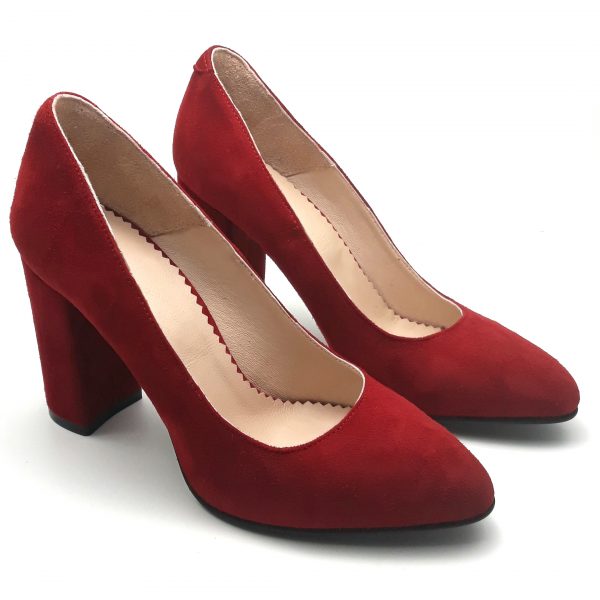Pantofi cu toc gros din piele naturala intoarsa rosie - imagine 2