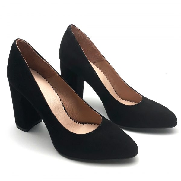 Pantofi cu toc gros din piele naturala intoarsa neagra - imagine 4