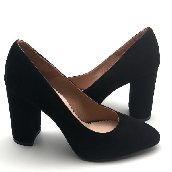 Pantofi cu toc gros din piele naturala intoarsa neagra - imagine 2