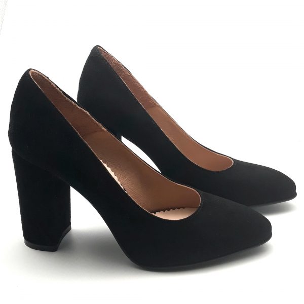 Pantofi cu toc gros din piele naturala intoarsa neagra - imagine 3