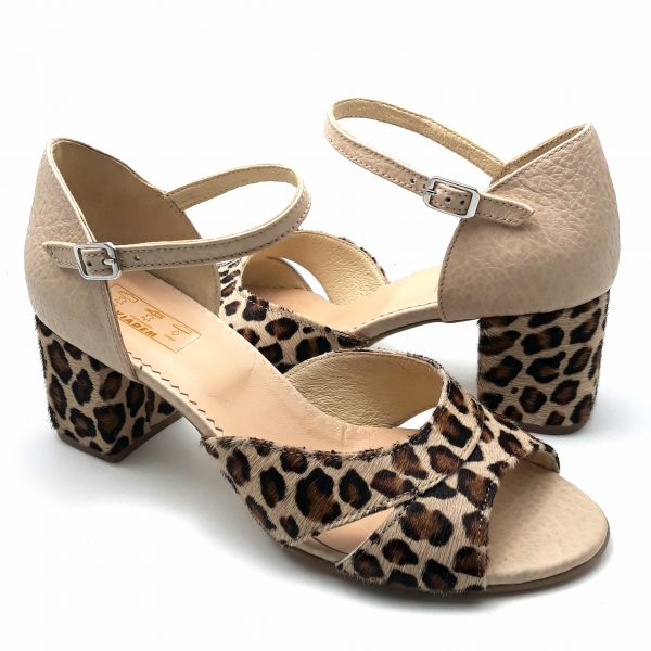 Sandale din piele naturala bej si animal print - imagine 2