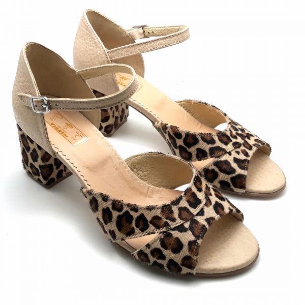 Sandale din piele naturala bej si animal print - imagine 3