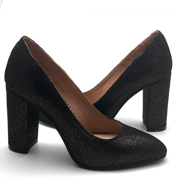 Pantofi cu toc gros din piele naturala intoarsa neagra cu buline aurii - imagine 3