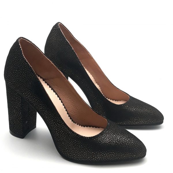 Pantofi cu toc gros din piele naturala intoarsa neagra cu buline aurii - imagine 2