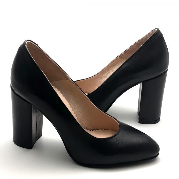 Pantofi cu toc gros din piele naturala neagra - imagine 2