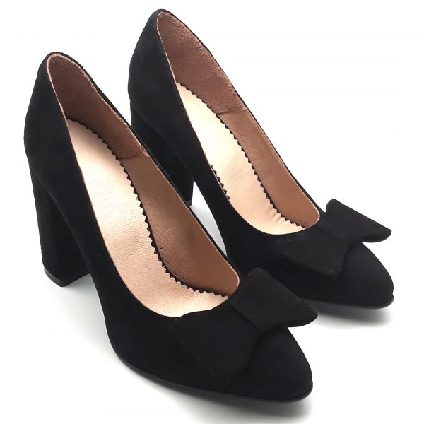 Pantofi cu fundita si toc gros din piele naturala intoarsa neagra - imagine 2