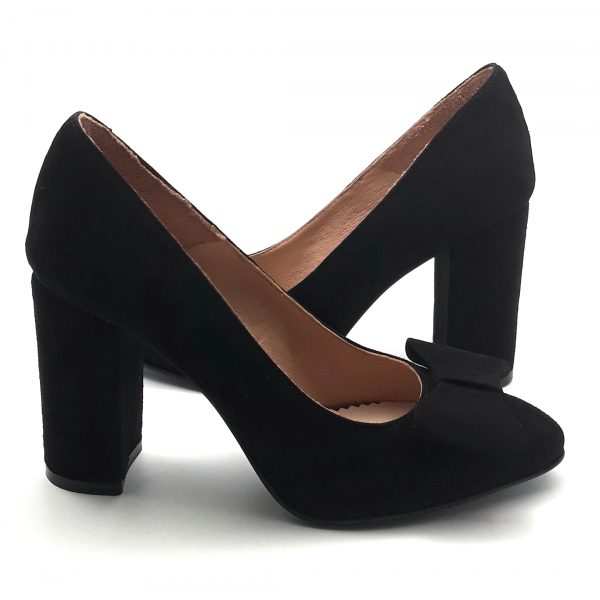 Pantofi cu fundita si toc gros din piele naturala intoarsa neagra - imagine 3