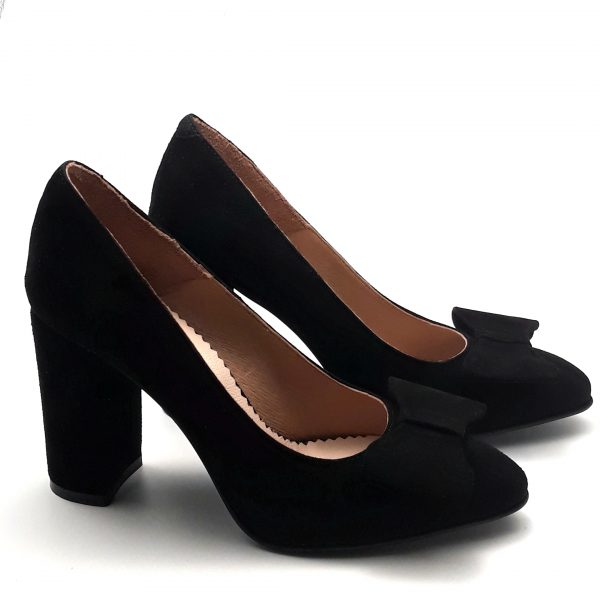 Pantofi cu fundita si toc gros din piele naturala intoarsa neagra - imagine 4