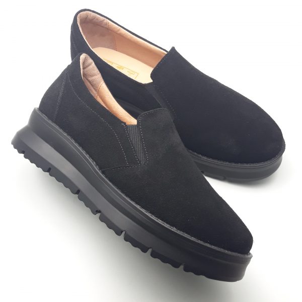 Pantofi dama cu elastic din piele naturala intoarsa neagra - imagine 4