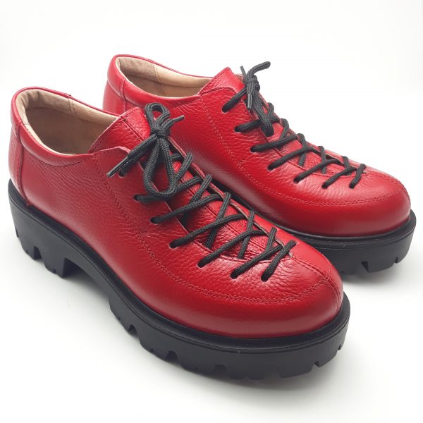Pantofi dama cu siret din piele naturala bizonata rosie - imagine 3