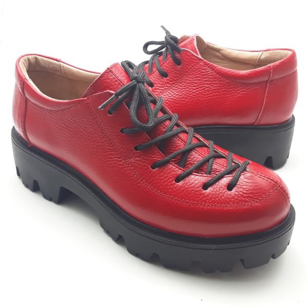 Pantofi dama cu siret din piele naturala bizonata rosie - imagine 2