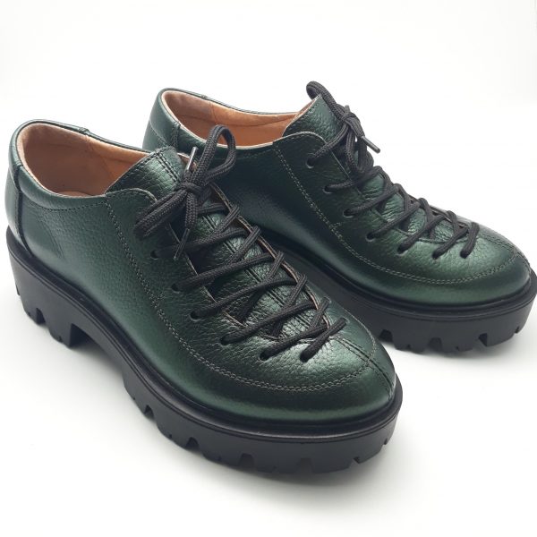 Pantofi dama cu siret din piele naturala bizonata verde - imagine 3