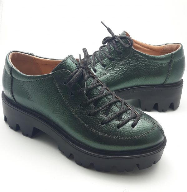 Pantofi dama cu siret din piele naturala bizonata verde - imagine 2