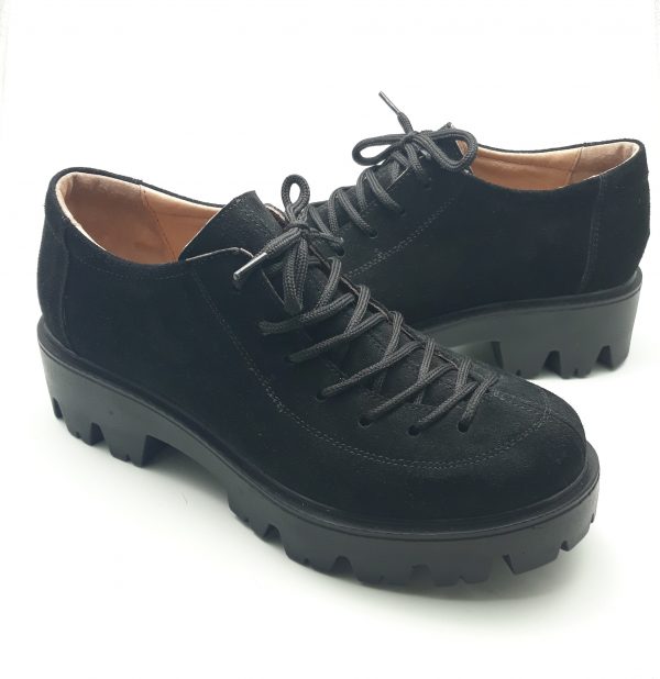 Pantofi dama cu siret din piele naturala intoarsa neagra - imagine 2