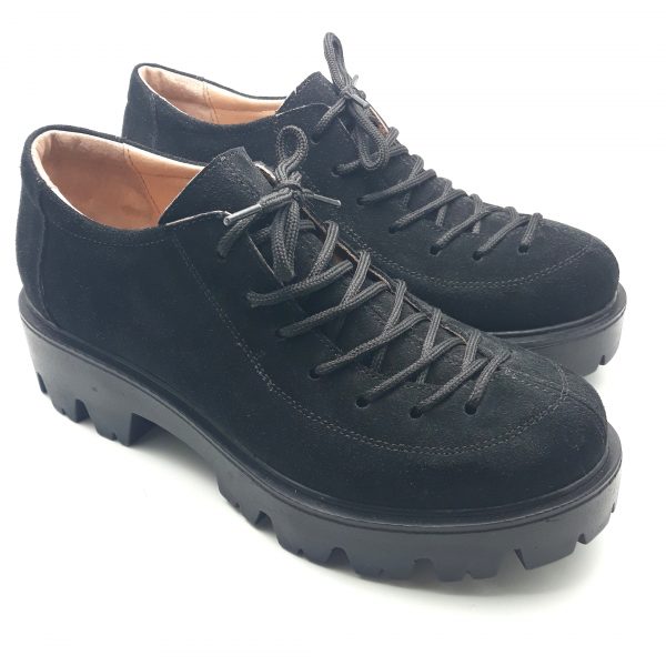 Pantofi dama cu siret din piele naturala intoarsa neagra - imagine 3