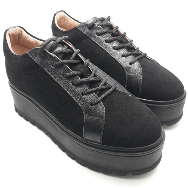 Pantofi dama cu siret din piele naturala intoarsa neagra - imagine 3