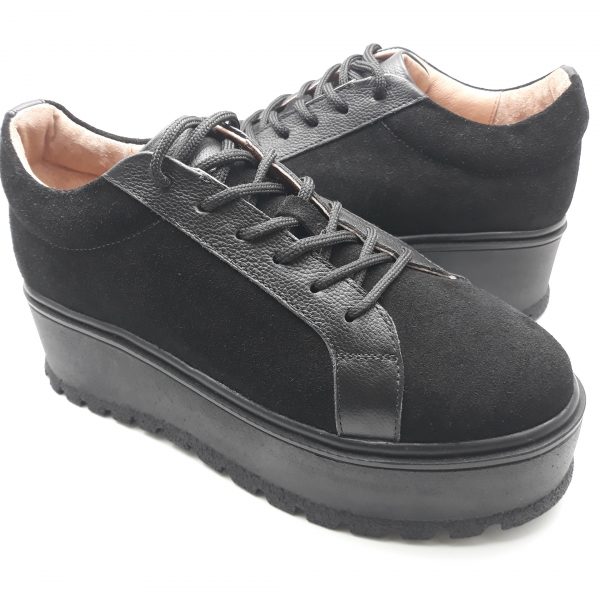 Pantofi dama cu siret din piele naturala intoarsa neagra - imagine 2