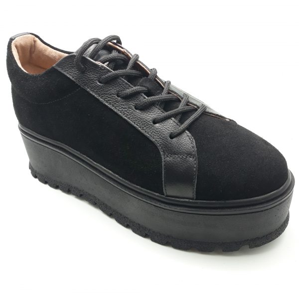 Pantofi dama cu siret din piele naturala intoarsa neagra