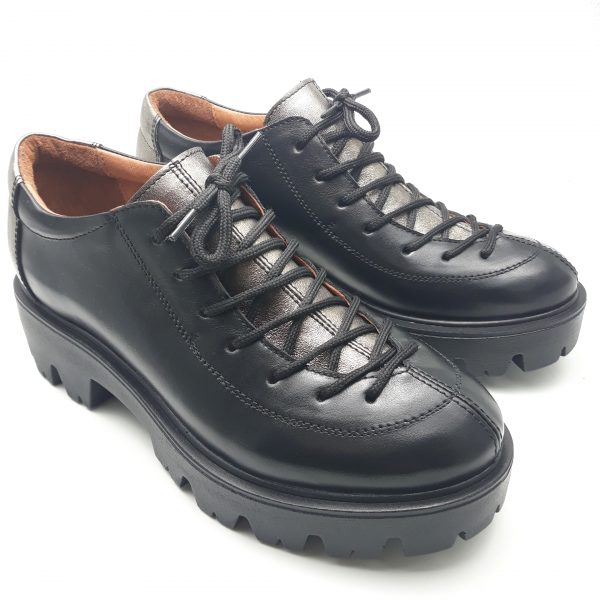 Pantofi dama cu siret din piele naturala neagra si bronze - imagine 3