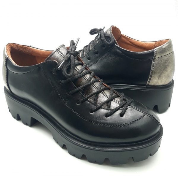 Pantofi dama cu siret din piele naturala neagra si bronze - imagine 2