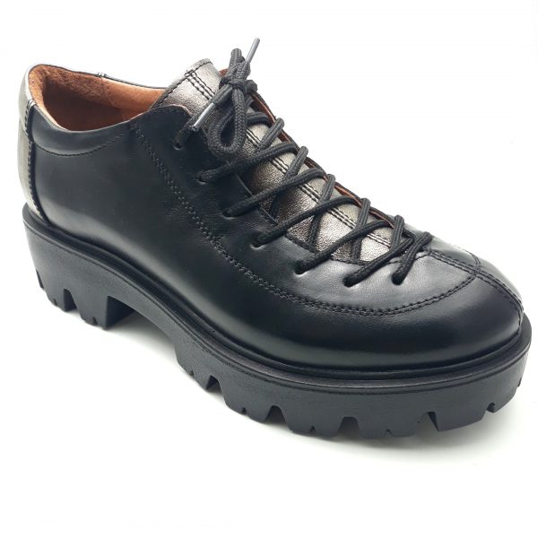 Pantofi dama cu siret din piele naturala neagra si bronze