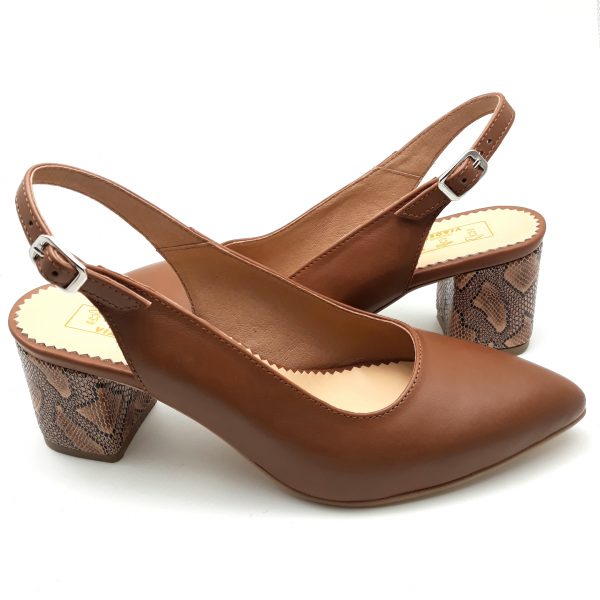 Pantofi decupati cu toc gros din piele naturala maro - imagine 2