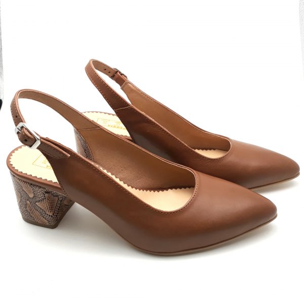 Pantofi decupati cu toc gros din piele naturala maro - imagine 3