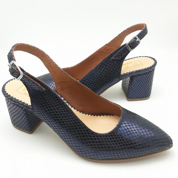 Pantofi decupati cu toc gros din piele naturala indigo - imagine 2