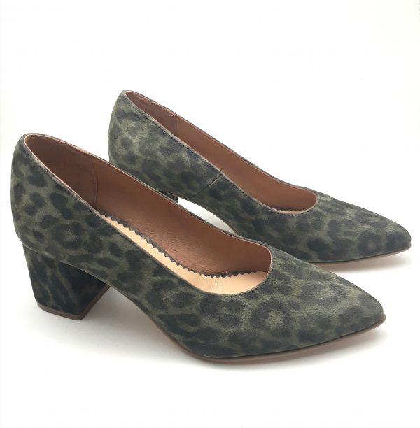 Pantofi cu toc gros din piele naturala intoarsa kaki - imagine 3