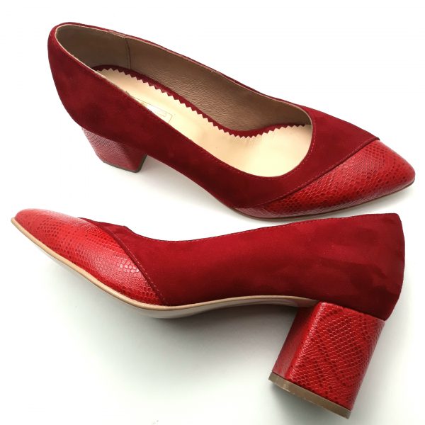 Pantofi cu toc gros din piele naturala intoarsa rosie - imagine 2