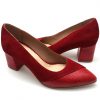 Pantofi cu toc gros din piele naturala intoarsa rosie - imagine 3