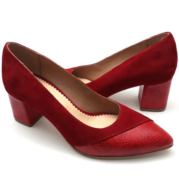 Pantofi cu toc gros din piele naturala intoarsa rosie - imagine 3