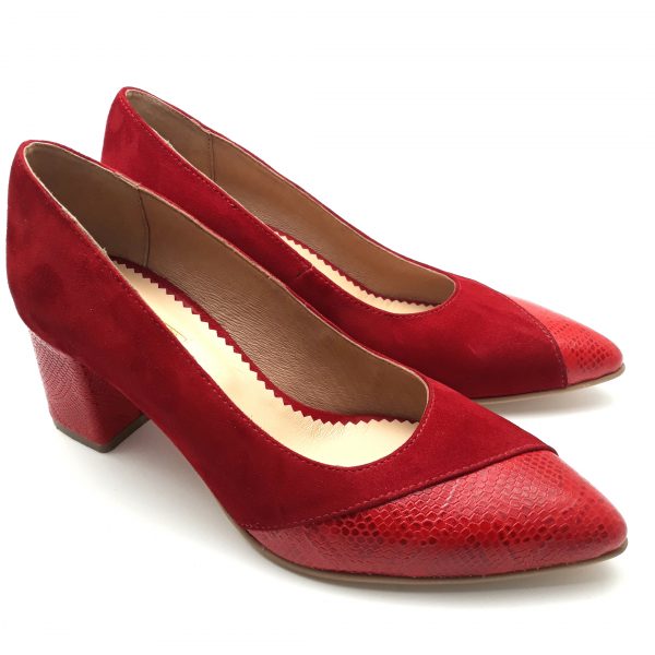 Pantofi cu toc gros din piele naturala intoarsa rosie - imagine 4