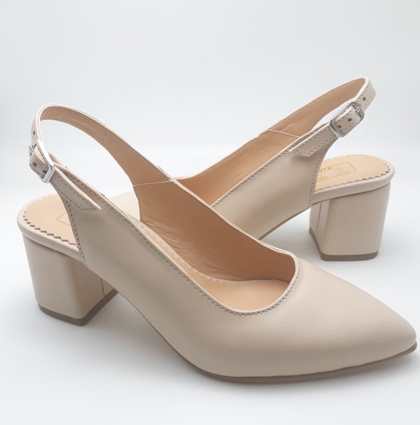 Pantofi decupati cu toc gros din piele naturala nude - imagine 2