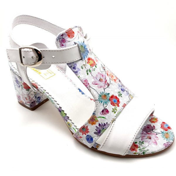 Sandale dama din piele naturala alba cu imprimeu floral