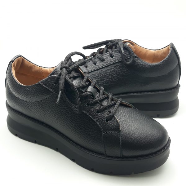 Pantofi dama cu siret din piele naturala neagra bizonata - imagine 2