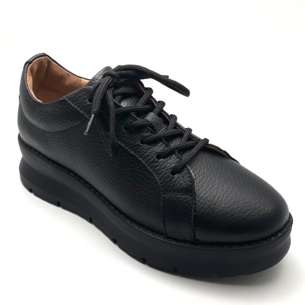 Pantofi dama cu siret din piele naturala neagra bizonata