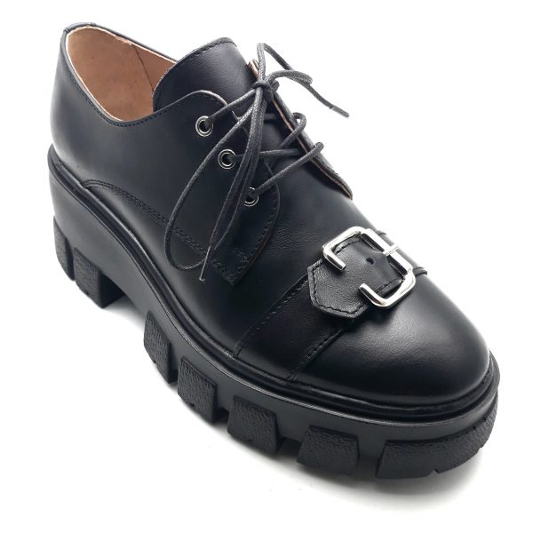 Pantofi cu siret si catarama din piele naturala neagra