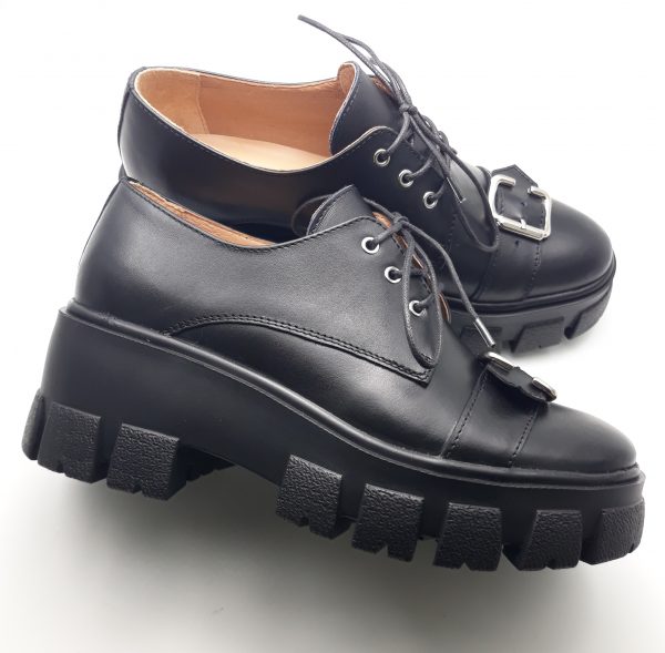 Pantofi cu siret si catarama din piele naturala neagra - imagine 3