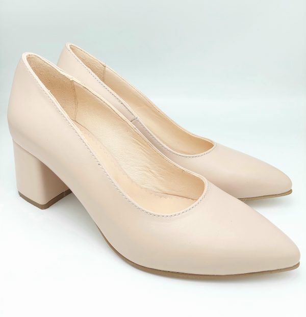 Pantofi dama cu toc gros din piele naturala nude - imagine 3